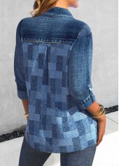 Denim-effect Print Patchwork Denim Blue Shirt Collar Blouse
