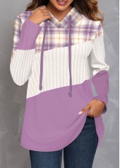Plaid Patchwork Purple Long Sleeve Hoodie