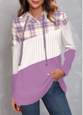 Plaid Patchwork Purple Long Sleeve Hoodie
