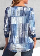 Geometric Print Lace Up Denim Blue T Shirt