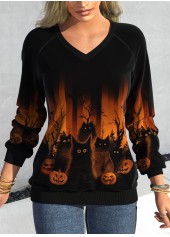Halloween Print Patchwork Black V Neck Long Sleeve Sweatshirt
