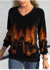 Halloween Print Patchwork Black V Neck Long Sleeve Sweatshirt