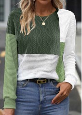 Blackish Green Round Neck Patchwork Long Sleeve Sweatshirt