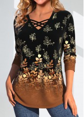 Leaf Print Criss Cross Dark Camel T Shirt