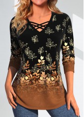 Leaf Print Criss Cross Dark Camel T Shirt