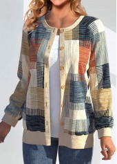 Geometric Print Button Multi Color Long Sleeve Cardigan