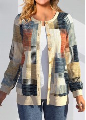 Geometric Print Button Multi Color Long Sleeve Cardigan
