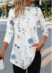 Floral Print Asymmetry White Long Sleeve T Shirt