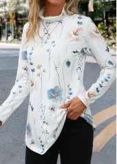 Floral Print Asymmetry White Long Sleeve T Shirt