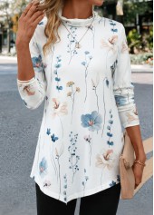 Floral Print Asymmetry White Long Sleeve T Shirt