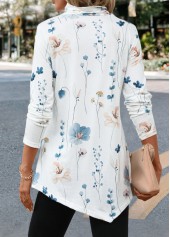 Floral Print Asymmetry White Long Sleeve T Shirt