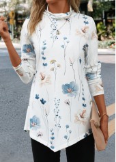 Floral Print Asymmetry White Long Sleeve T Shirt