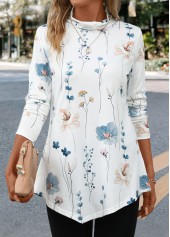 Floral Print Asymmetry White Long Sleeve T Shirt