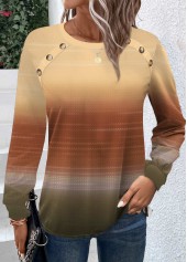 Ombre Button Yellow Round Neck Long Sleeve T Shirt