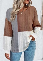 Patchwork Dark Coffee Round Neck Long Sleeve Sweatshirt