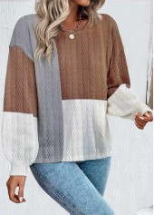 Patchwork Dark Coffee Round Neck Long Sleeve Sweatshirt
