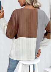 Patchwork Dark Coffee Round Neck Long Sleeve Sweatshirt