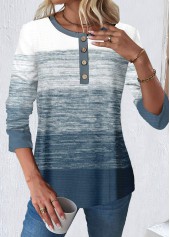 Button Dusty Blue Round Neck Long Sleeve T Shirt
