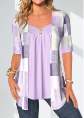 Geometric Print Patchwork Light Purple Fake Two Piece Twinset