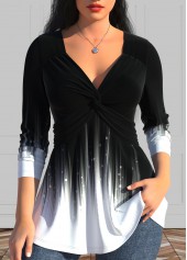 Ombre Twist Black V Neck Long Sleeve T Shirt