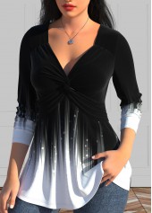 Ombre Twist Black V Neck Long Sleeve T Shirt