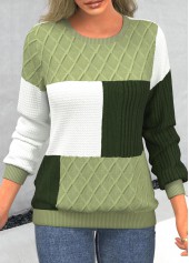 Patchwork Light Green Round Neck Long Sleeve Sweatshirt