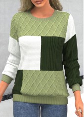 Patchwork Light Green Round Neck Long Sleeve Sweatshirt