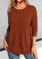 Brick Red Round Neck Long Sleeve Button T Shirt