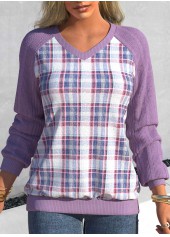 Plaid Patchwork Light Purple V Neck Long Sleeve Sweatshirt