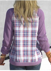 Plaid Patchwork Light Purple V Neck Long Sleeve Sweatshirt