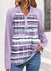 Striped Button Light Purple Hooded Long Sleeve Sweatshirt