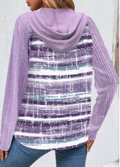 Striped Button Light Purple Hooded Long Sleeve Sweatshirt