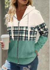 Plaid Patchwork Green Long Sleeve Hoodie