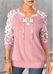 Plaid Lace Up Light Pink Long Sleeve Sweatshirt