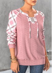 Plaid Lace Up Light Pink Long Sleeve Sweatshirt