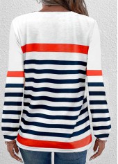 Multi Stripe Print Button Navy Round Neck T Shirt