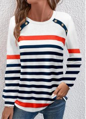 Multi Stripe Print Button Navy Round Neck T Shirt