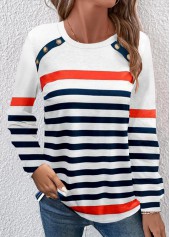 Multi Stripe Print Button Navy Round Neck T Shirt