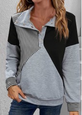 Striped Snap Button Black Long Sleeve Turtleneck Sweatshirt