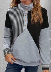 Striped Snap Button Black Long Sleeve Turtleneck Sweatshirt