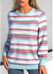 Patchwork Light Blue Round Neck Long Sleeve Sweatshirt