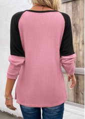 Patchwork Pink Round Neck Long Sleeve T Shirt