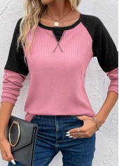 Patchwork Pink Round Neck Long Sleeve T Shirt