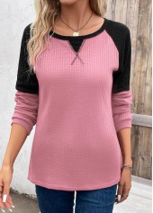 Patchwork Pink Round Neck Long Sleeve T Shirt