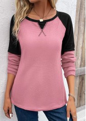 Patchwork Pink Round Neck Long Sleeve T Shirt