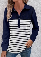Striped Zipper Navy Turn Down Collar T Shirt