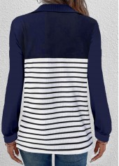 Striped Zipper Navy Turn Down Collar T Shirt