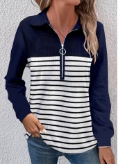 Striped Zipper Navy Turn Down Collar T Shirt