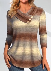 Ombre Asymmetry Light Camel V Neck Long Sleeve Sweatshirt