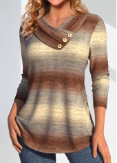 Ombre Asymmetry Light Camel V Neck Long Sleeve Sweatshirt